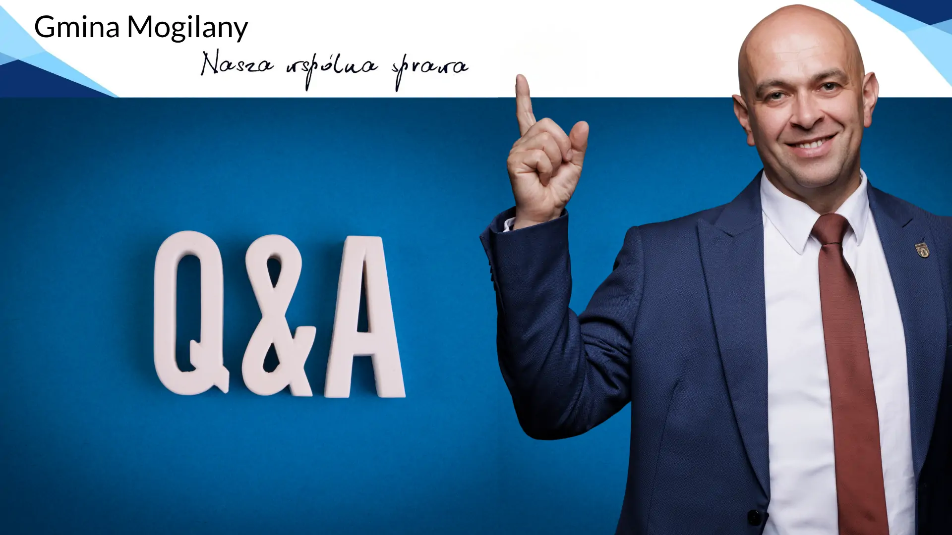Grafika z wójtem Gminy Mogilany oraz napisem Q&A